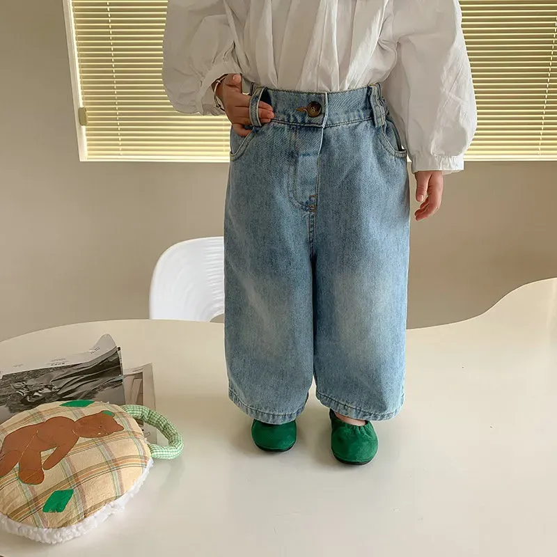 Kids Girls Jeans Loose Wide Leg Denm Pants Ninth Pants Children Causal Trousers