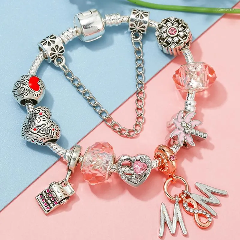 Charm Bracelets Silver Plated Love Heart Beads Bracelet With MOM Pendant Bangles For Women Men Mother Jewelry Gift Drop