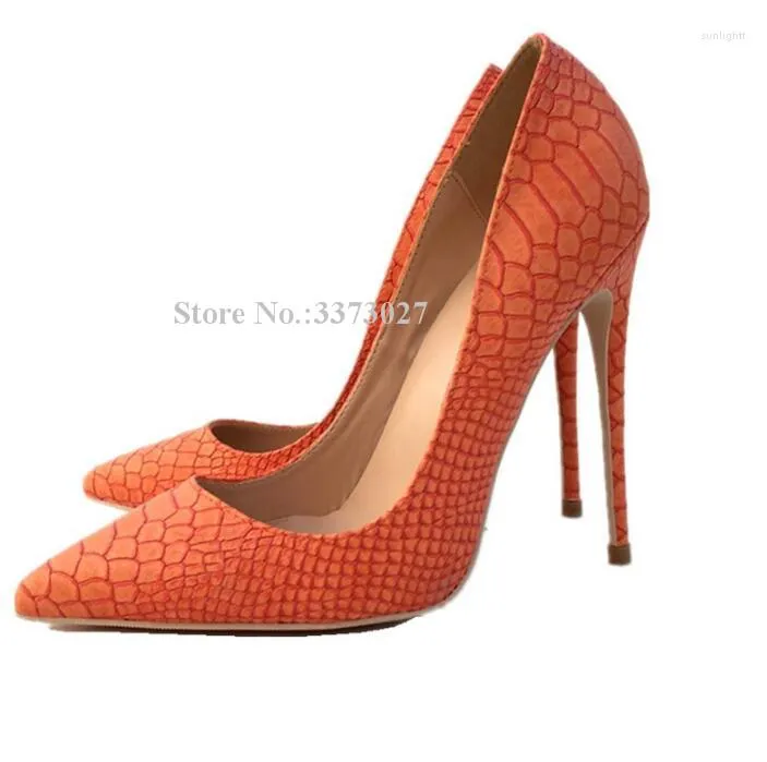 Sapatos de vestido cor laranja cor de cobra salto alto mulher sexy pontuda de ponta estilete de salto de couro solteira bombas de tamanho grande