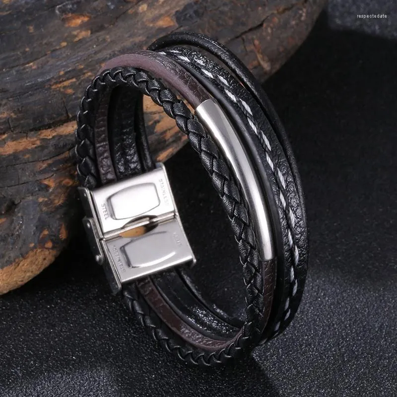 Bracelets de charme retro multicamada Black Tito de couro de couro pulseira de jóias de joalheria de joalheria de mão inoxidável pulsa