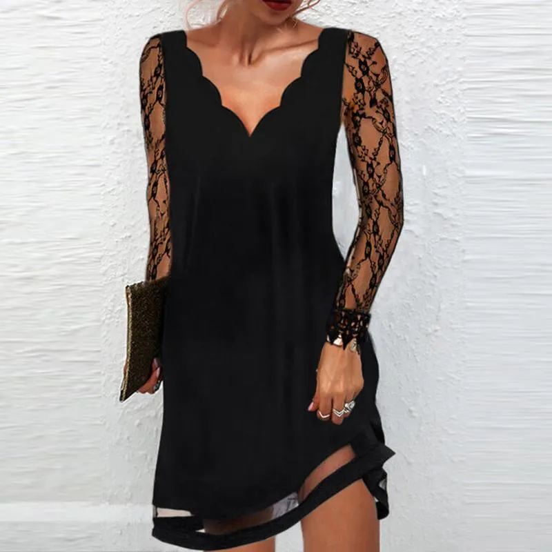 Women's Swimwear Deep V-Neck Sexy Party Dresses Autumn And Winter Solid Lace Cuff Long Sleeve Pullover Dress Clothing