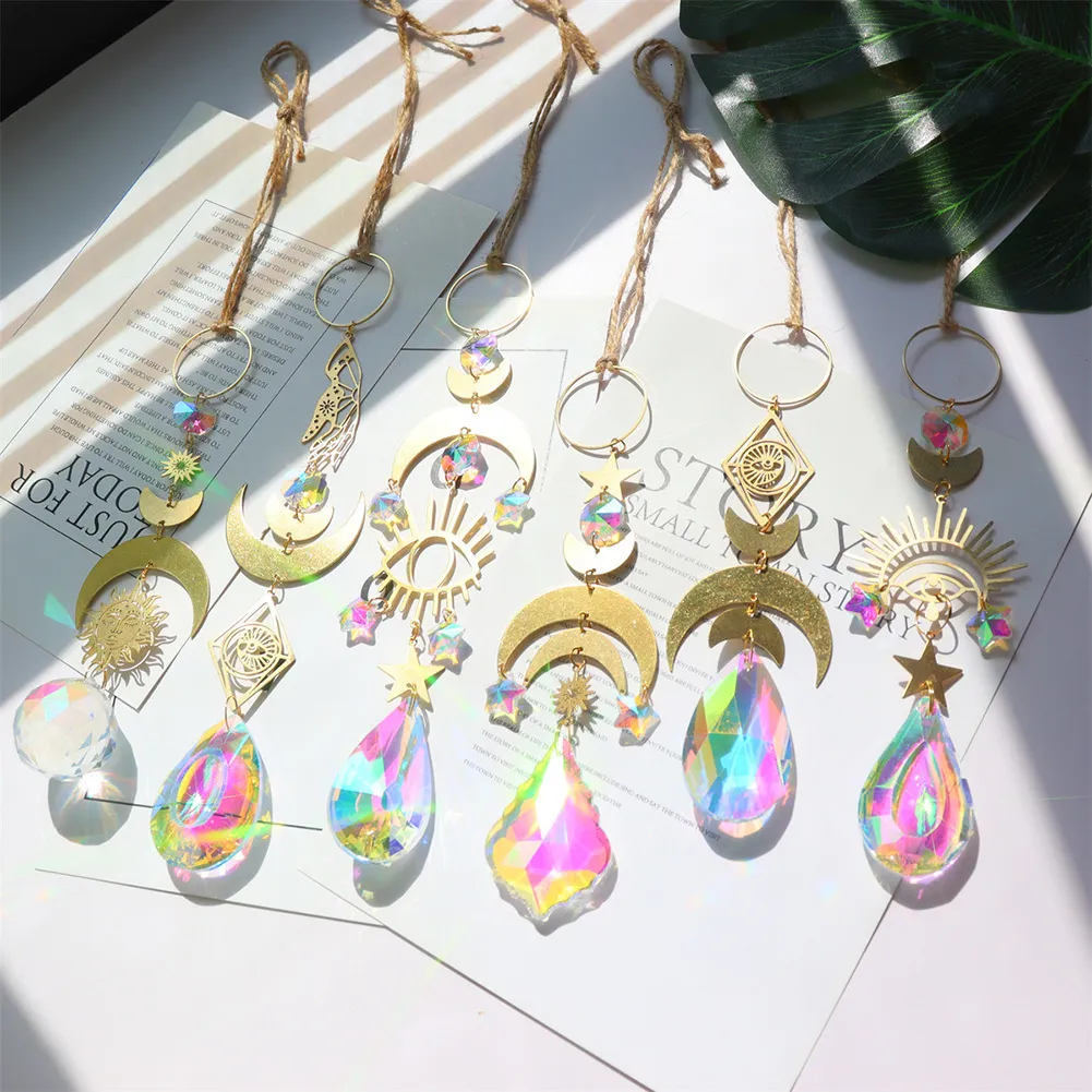 Garden Decorations 6pcs Crystal Light Collection Pendant Creative Chic Rainbow Catcher Lotus Moon Sun Window Supplies for Family Friend Gifts 230506