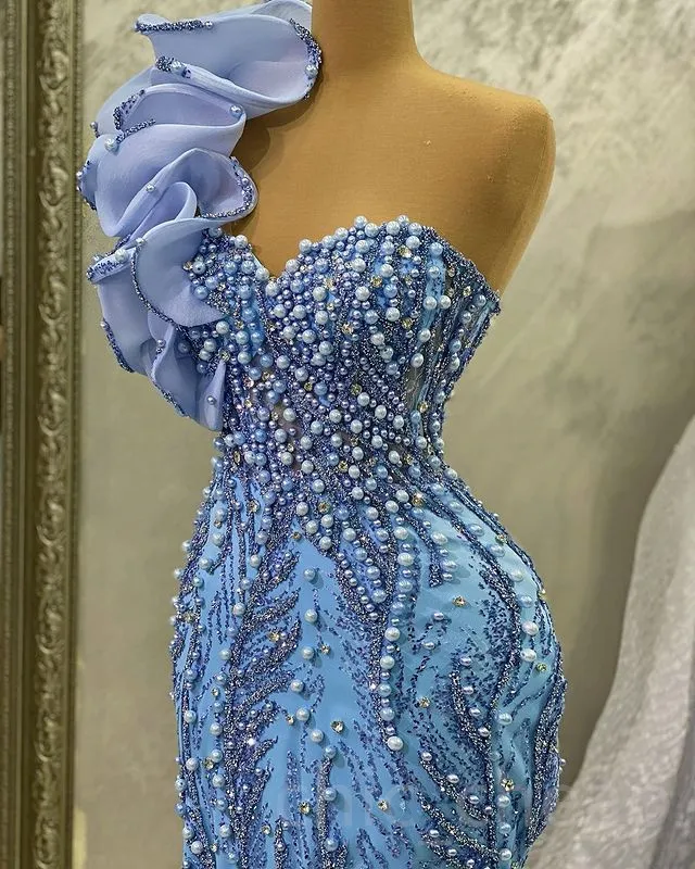 2023 May Aso Ebi One Shoulder Prom Dress Pearls Mermaid Sequined Lace Evening Formal Party Second Reception Birthday Engagement Gowns Dress Robe De Soiree ZJ175