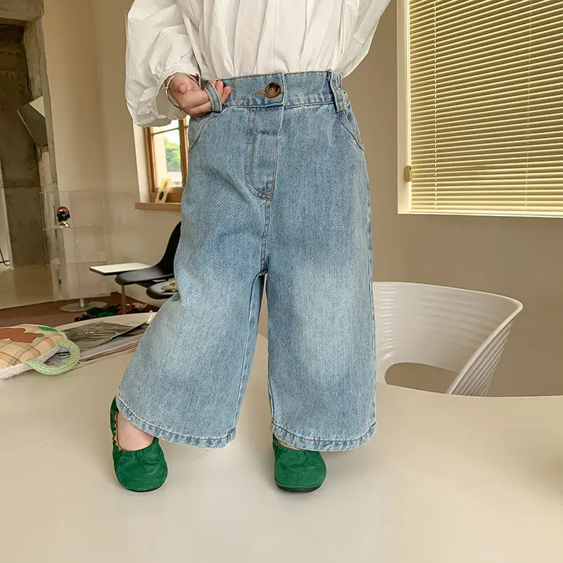 Barnflickor Jeans Loose Wide Leg DenM Pants Ninth Pants Barn Kausalbyxor