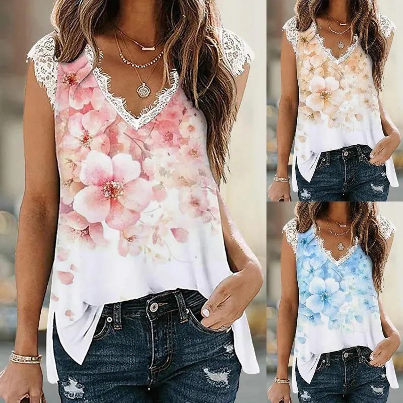 女性のTシャツ女性夏花柄3Dデジタル印刷トップレースパッチワークvネック半袖男性ワークアウトパック