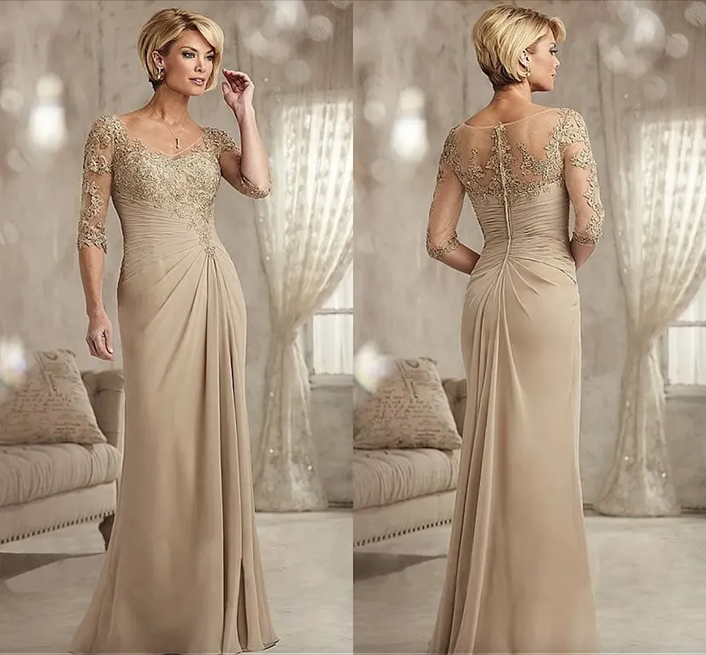 Champagne Mother of the Bride Dress 2024 Chiffon Half Sleeve Beaded Lace A Line Evening Gown for Wedding