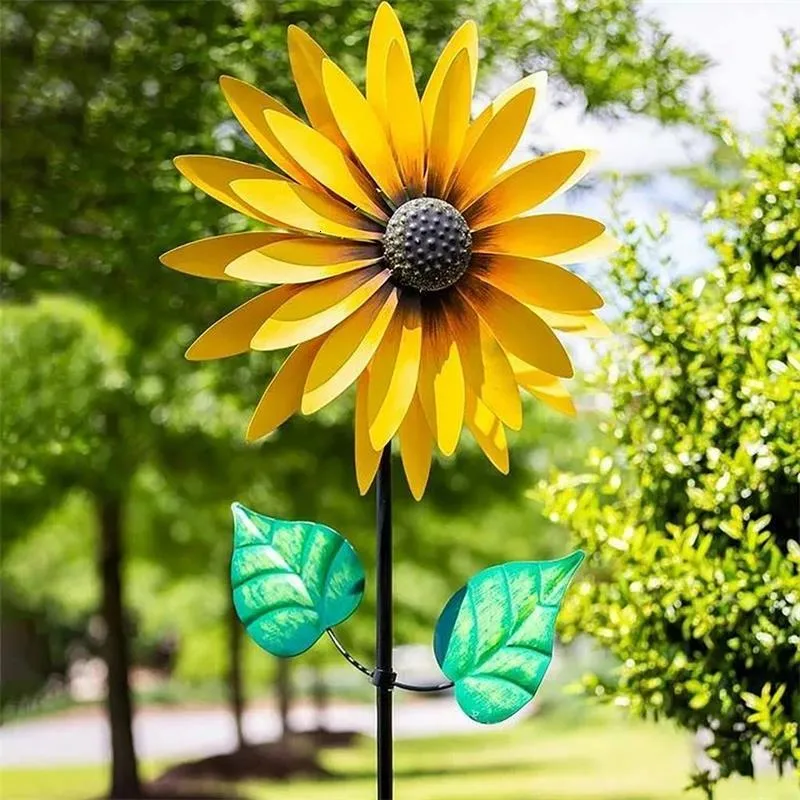 Decorative Objects Figurines Sunflower Windmill Metal Rotating Wind Spinner With Stake Standing Lawn Flower Pinwheel Outdoor Garden Decor Kids Toy 230506