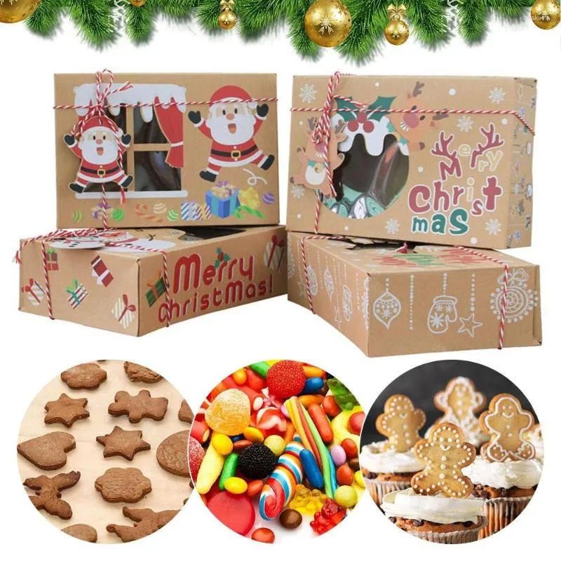 Confezioni regalo 12 pezzi Scatole di caramelle di carta Kraft Scatola di biscotti di buon Natale Borsa per imballaggio con finestra trasparente Forniture per l'anno di confezionamento di feste