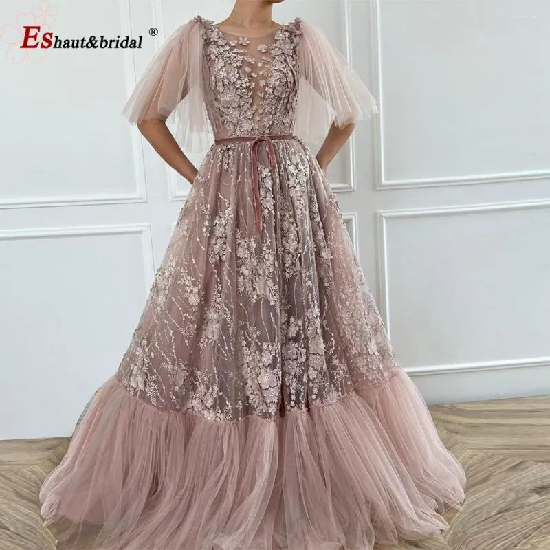 Robes de soirée élégantes 3D fleurs dentelle robe de soirée pour les femmes 2023 O cou sans manches Aline formelle robes de mariée de bal