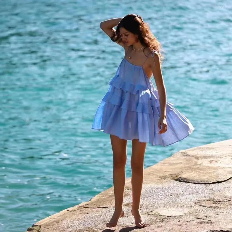 Casual jurken linnen vrouwen sexy backless jurk zomer strandstijl multi-layer ruches poppen