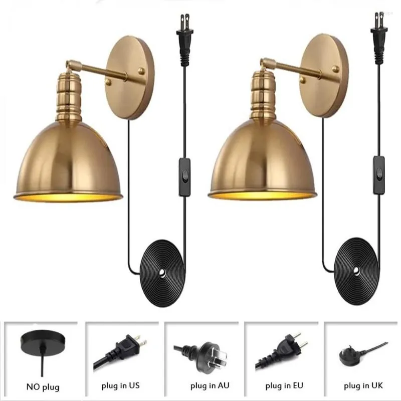 Wall Lamp 2 Pack Industrial Antique Fixture In Brass Finish Swing Arm Mounted Light Plug Cord Vintage Sconce With Metal