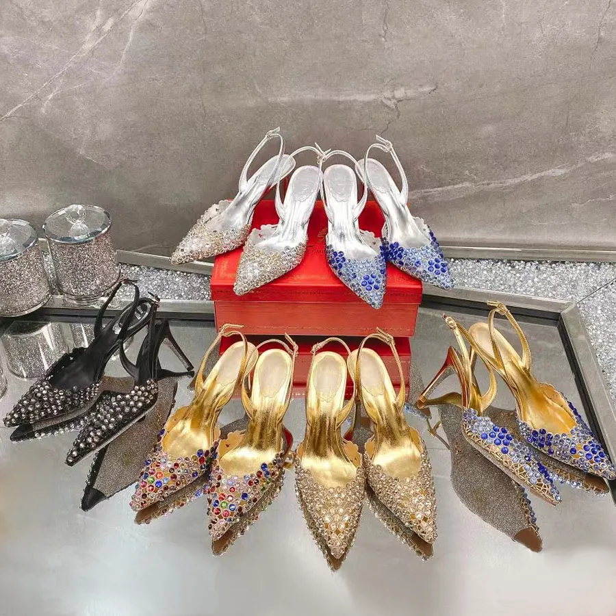 Rene Caovilla Sandal Slingbacks Crystal-Recrusted Evening Shoes Rhinestone Decoration 7.5cm Kitten Heel Women's High Heels Designer Factory