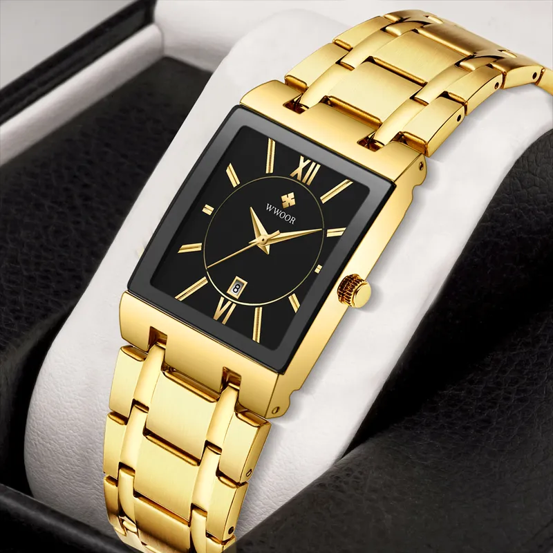 ساعة معصم أخرى السلع الرياضية Relogio Masculino Wwoor Gold Watch Men Square Mens Es Top Brand Golden Quartz Stains Steeld Feather Wrist 230506