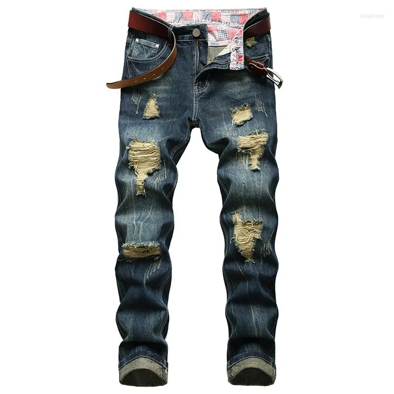 Jeans pour hommes Mode Bleu Foncé Déchiré Hommes Moto Long Denim Pantalon Détruit Coton Trous Occasionnels Pantalon En Ruiné Plus La Taille 32-42qiy1