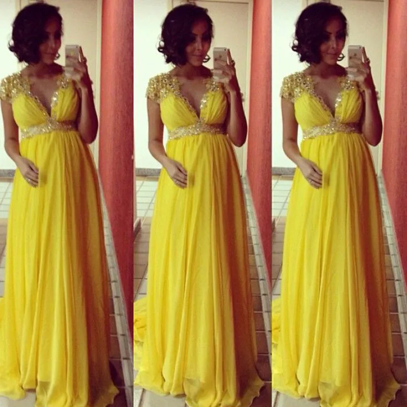 Elegant A line Empire Waist Plunging Neck Maternity Dresses for Baby Shower Evening Party and Prom