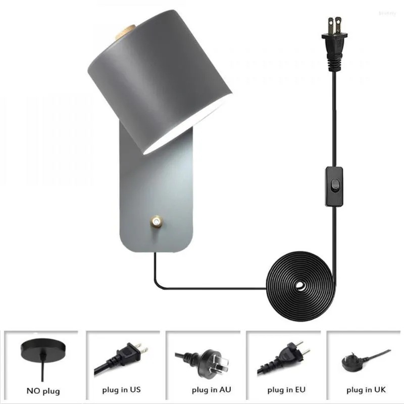 Wall Lamp Bedside In Gray Finish Metal Material Plug Sconce 1-Light Bedroom Children's Room Study Vanity Light