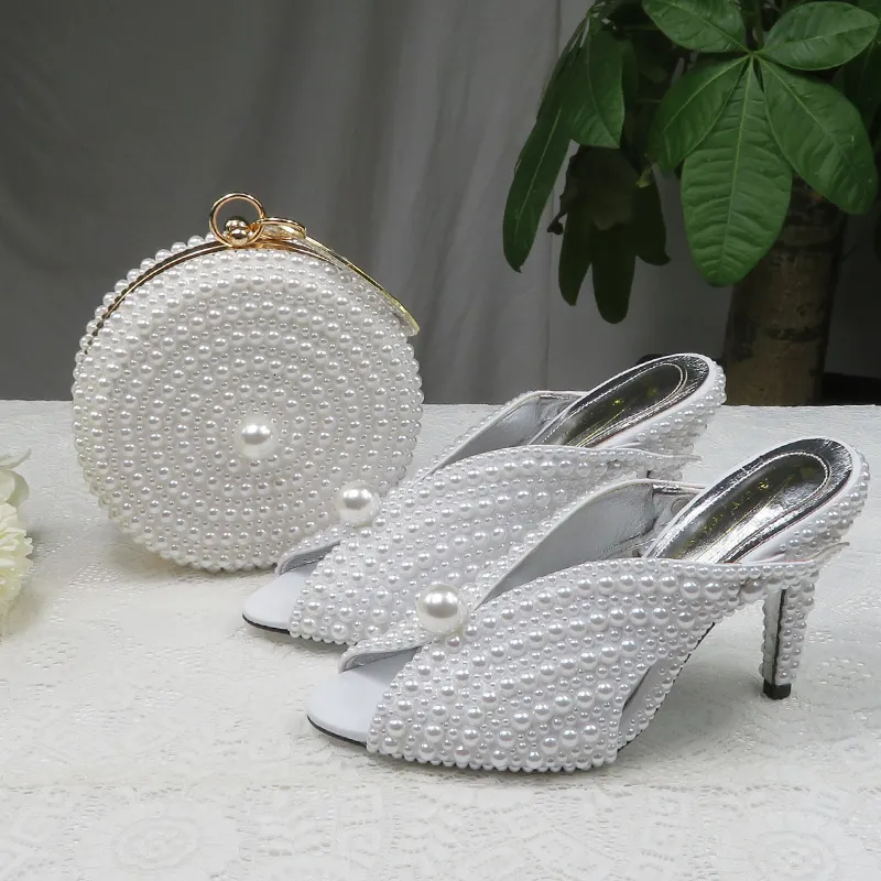 Zapatos de vestir BaoYaFang 9 cm Perla blanca Mujer Zapatos de boda y bolsos Novia Tacones altos Vestido de fiesta para mujer Mujer Open Toe Slingbacks 230506