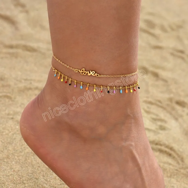 Bohème coloré perles chaîne cheville couleur or lettre amour pendentif bracelets de cheville pour femmes été Bracelet pied jambe bijoux