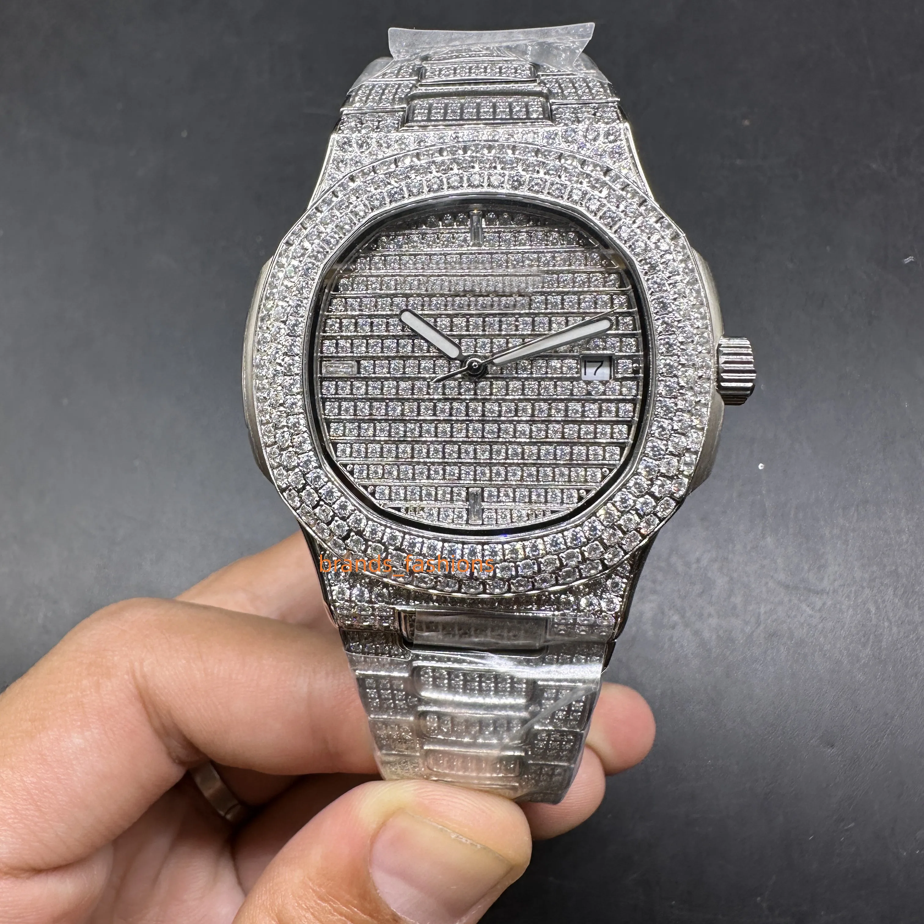 Popularity Men's Wristwatch Ice CZ Diamond Watch Silver Stainless Steel Shell Watch Diamond Face Watch Automatic Mechanical Wristwatch
