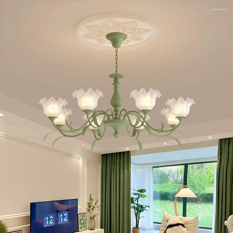 Candeliers lustres de flor verde branca para quarto de quarto salão de estar cafe villa apartamento salão decoração de lâmpada de teto de iluminação
