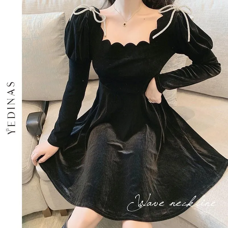 Casual Dresses Yedinas 2023 Autumn Womens Black Dress Vintage Bow Long Sleeve Elegant Party Velvet Mini Vestidos Mujer Gothic