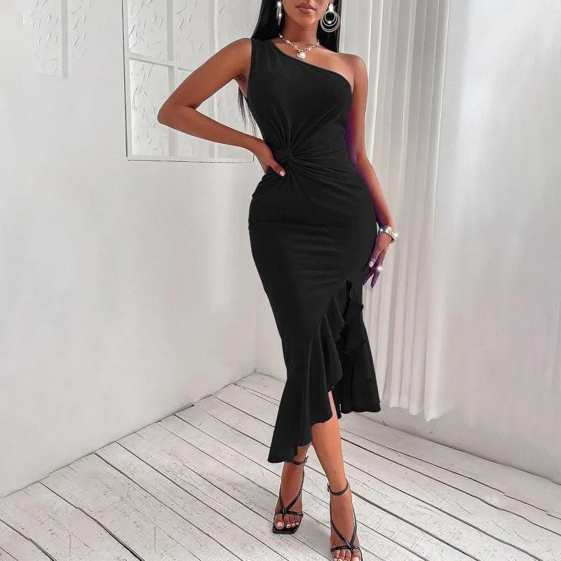 Vestidos casuales Petite Semi Formal para mujeres Verano de mujer Sexy Un hombro Recorte Fruncido Sin mangas Fiesta de hendidura