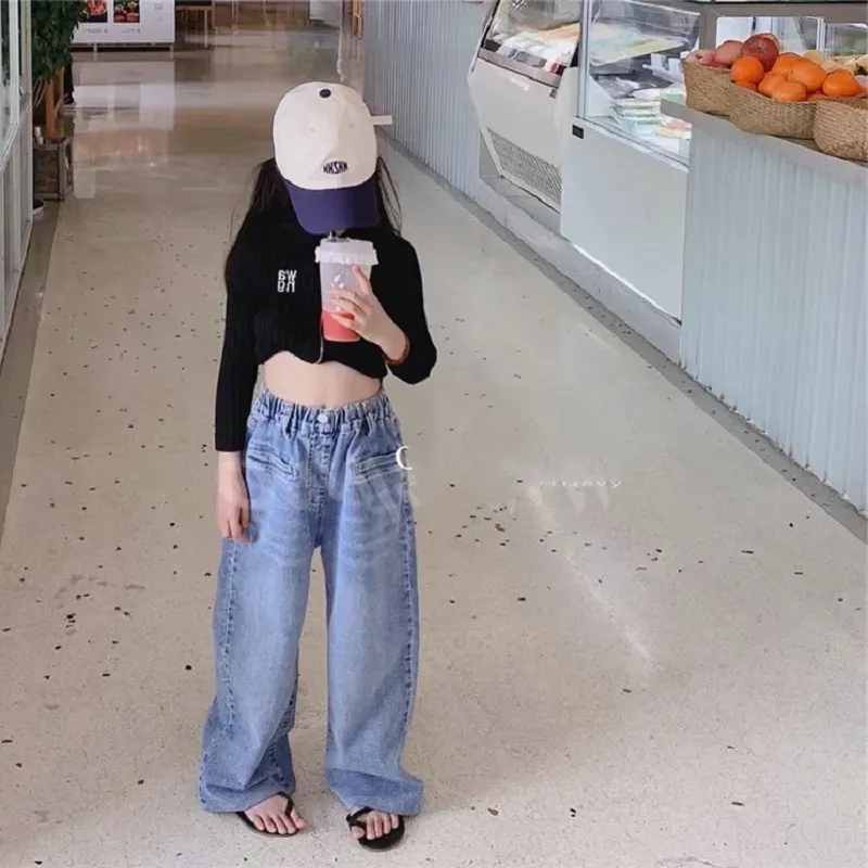 Spring Summer Kids Girls Jeans Elastic Waist Wide Leg Pants Children Girl Denim Pants Trousers