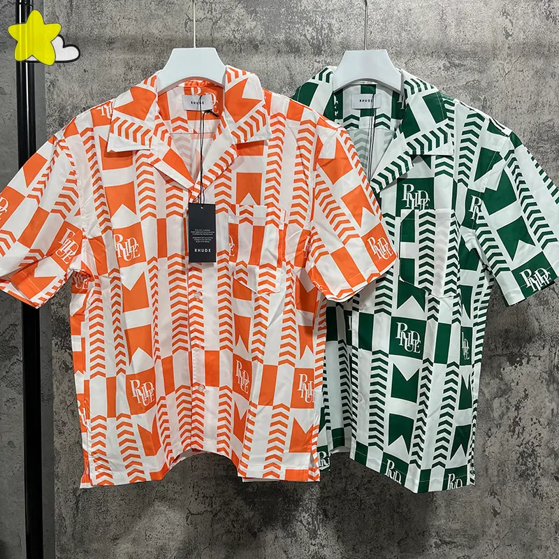 Men's Casual Shirts RHUDE Men Women 1 1 Beach Quick Drying Lapel Short Sleeve Checkerboard Full Printing Blue Orange Green Rhude Shirt 230506