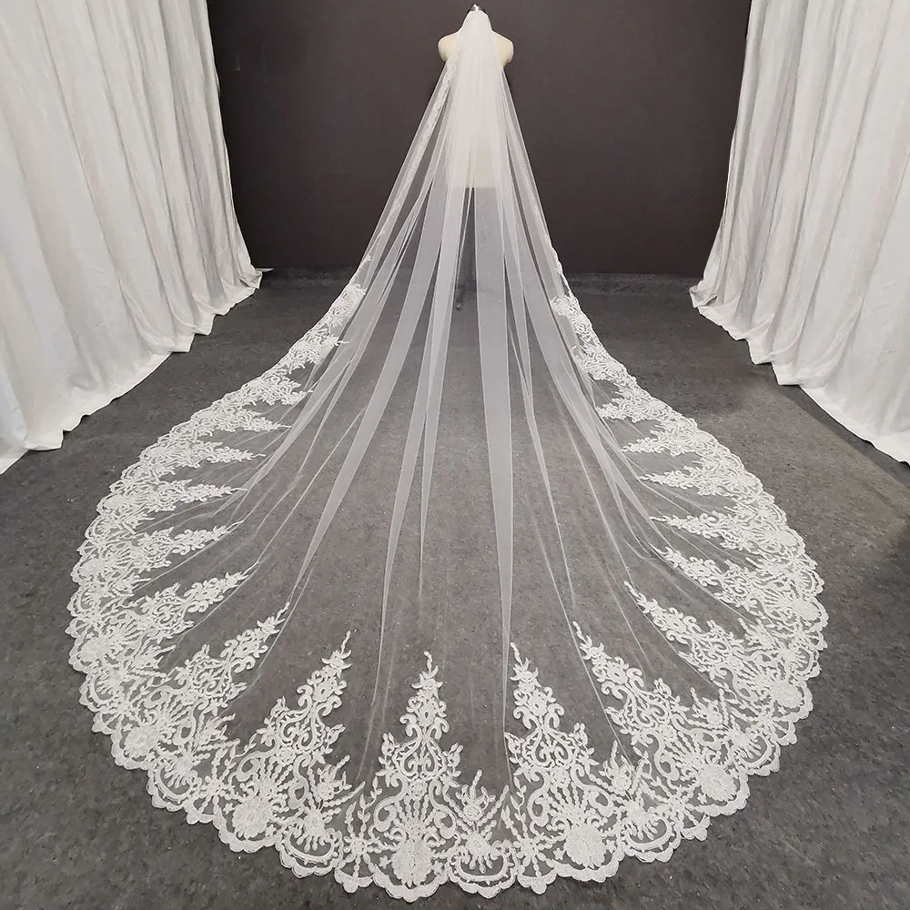 Wedding Hair Jewelry Real P os Long Lace Bridal Veil with Comb 3 5 Meters 1 Layer Cathedral White Iovry Accessories 230506