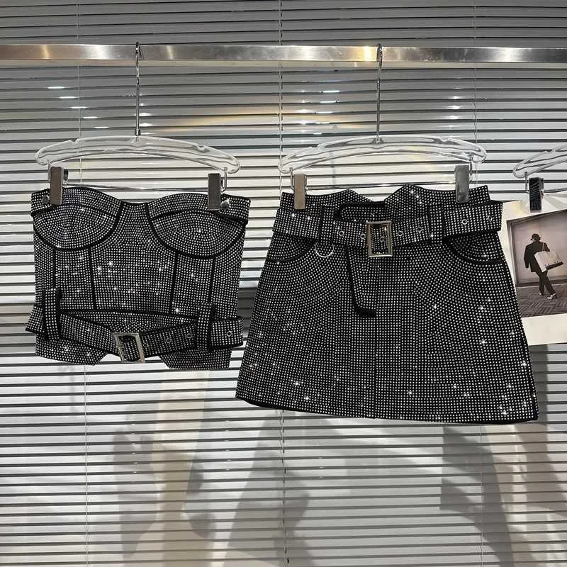 Two Piece Dress PREPOMP Sleeveless Strapless Rhinestone Diamonds Padded Chest Tank Top Vest Short Bodycon Skirt Belt Two Piece Set Outfits GH708 J230506