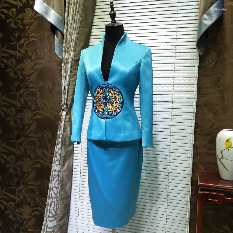 Deux pièces robe femmes haut de gamme jupe costume Blazers broderie élégant costumes formels 2 pièces ensembles bleu vêtements vêtements personnalisés