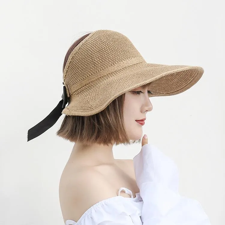 Stingy Brim Chapeaux Femmes D'été Pliable De Paille Grand Bowknot Ruban Topless Visor Cap Filles Mode Casquette Gorros