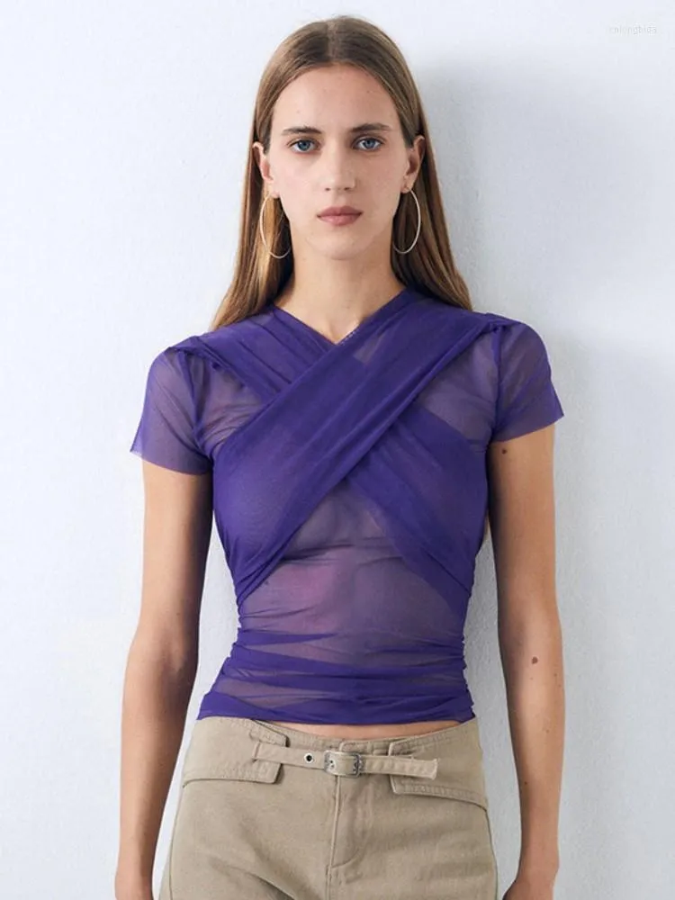 Camas T Women Mesh Veja através da camisa Mulheres Cruz Strap Slim Top Top Manga curta Roupas estéticas Purple Solid Streetwear ROPA DE MUJER