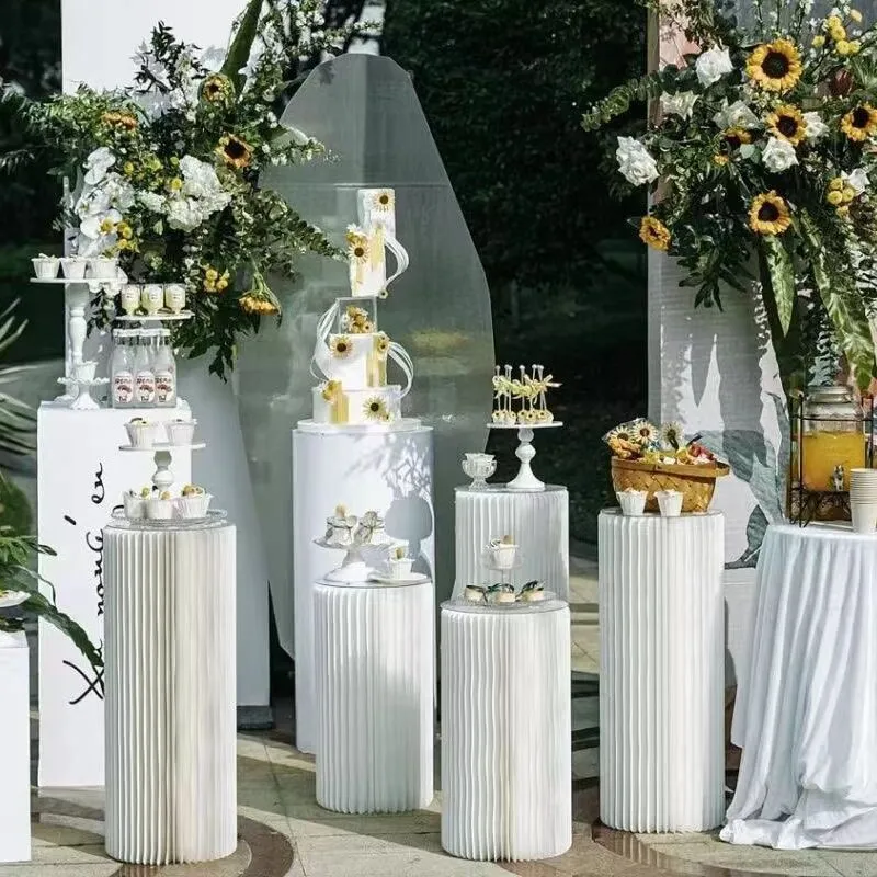 Foldbar papperspelare kakebordstativ Kolumner bröllopsfest cylinder pedestal display rack för födelsedags semesterdekorationer