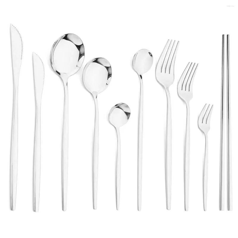 Set di posate 6/9 pezzi Coltello in acciaio inossidabile argento Forchetta Cucchiaio Stoviglie Set di posate Cucina Cucchiai di ghiaccio Bacchette Torta Frutta Forchette