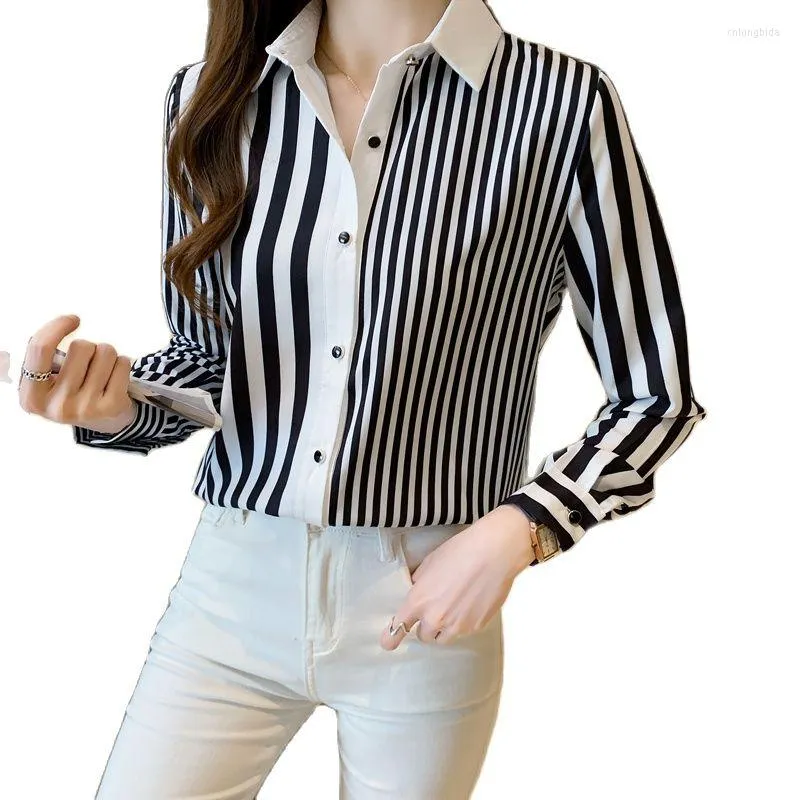 Femmes Blouses Femmes Printemps Automne Femme Blouse Simple Boutonnage Col Rabattu À Manches Longues À Rayures Lâche Travail Décontracté En Mousseline De Soie Chemises Tops