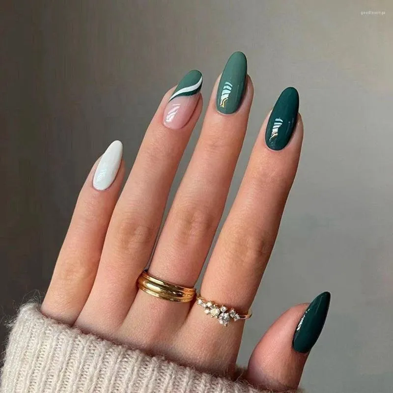 Fałszywe paznokcie 24PCS Zielone białe francuskie fałszywe Fałszywe Migdały okrągłe paznokcie