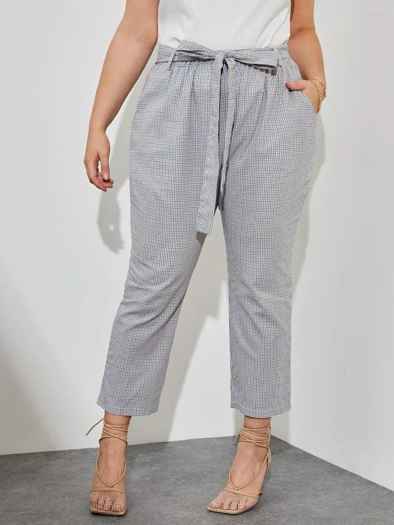 Broek plus size elegante zomer lente gingham print enkel lengte dames zakken zakken tie taille grote kleding