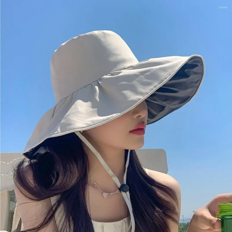 Breda brim hattar kvinnor sol hatt diskette upf 50 strand vindtät remskydd utomhus sommar anti-uv fiskare mössa