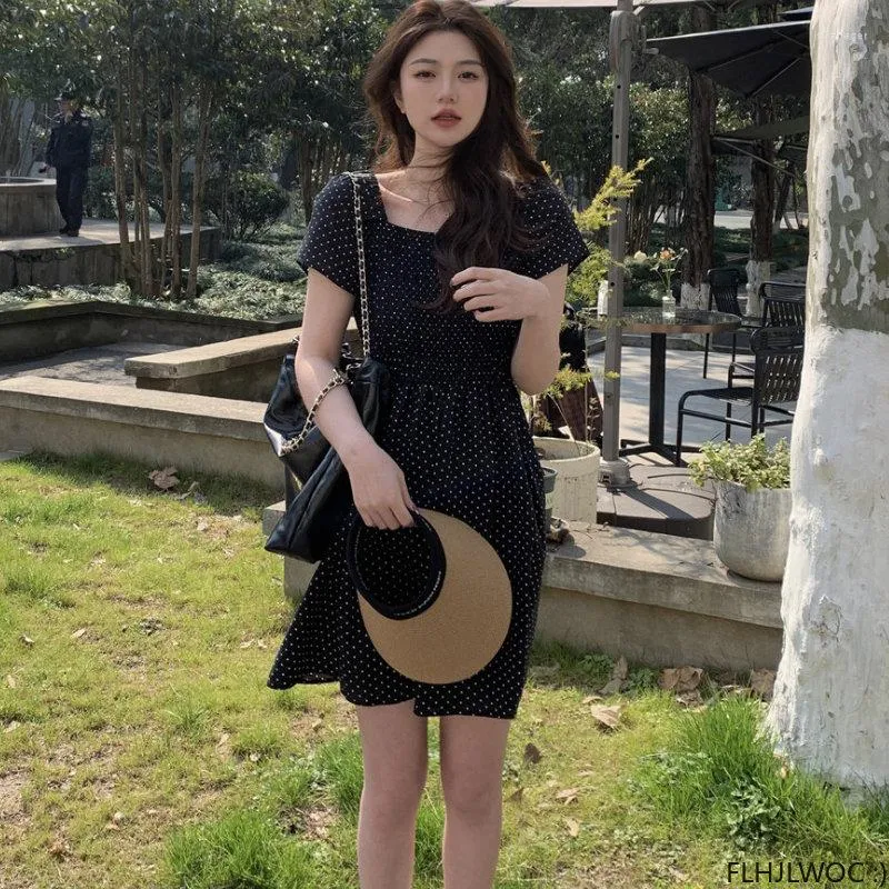 Casual Dresses 2023 Arrival Chic Korea Design Clothes Cute Sweet Japan Girls Polka Dot A Line Little Black Mini Dress