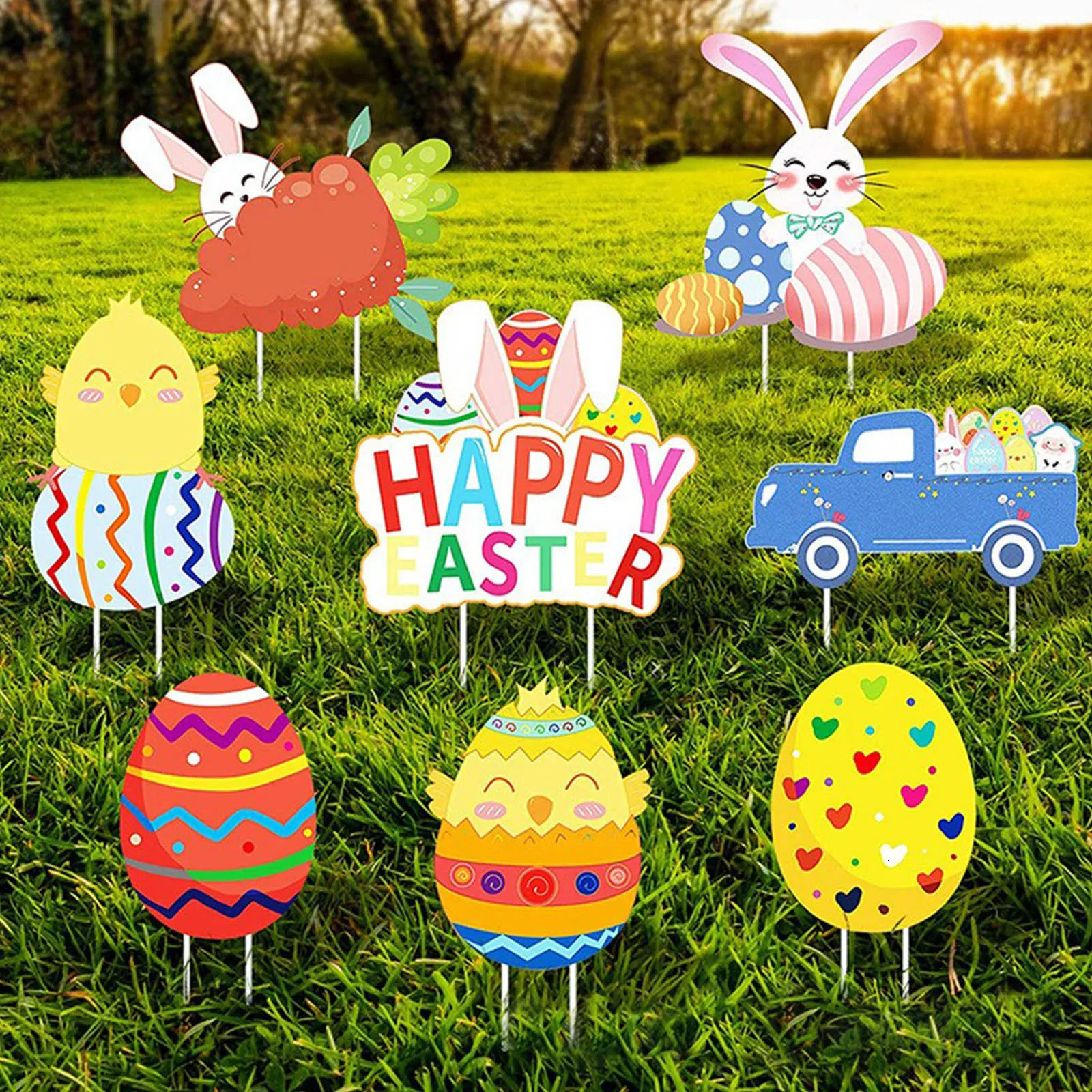 Dekorativa föremål Figurer 8pcsset Easter Rabbit Carrot Egg Lawn Stakes Yard Signs Decorations Outdoor Garden Selling In Stock 230506