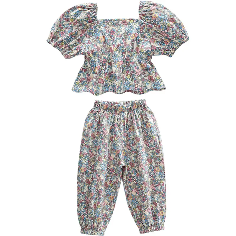Ensemble de vêtements d'été pour petites filles, 2 pièces, chemisier à manches bulles, motif floral, haut avec pantalon, tenues pour enfants