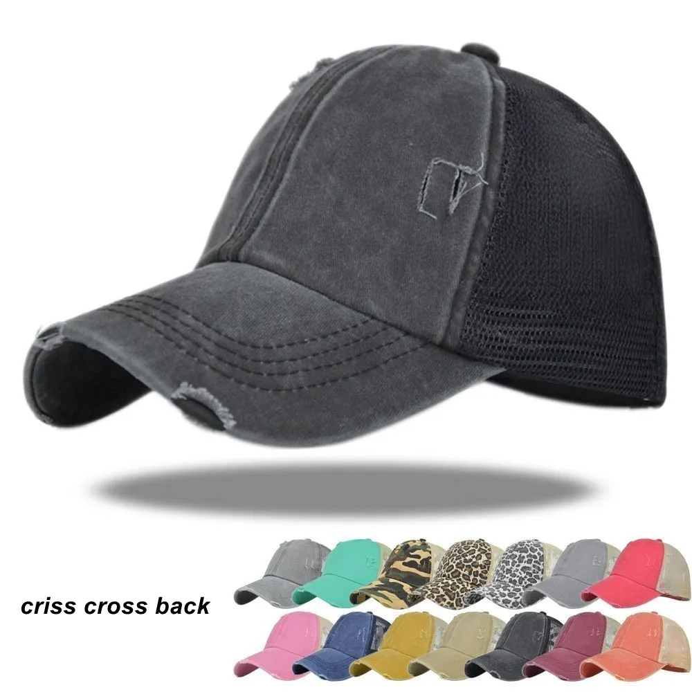 Criss cross hästsvans hatt mesh tillbaka hästsvans baseball mössa tvättade nödställda röriga bun ponycaps trucker hattar