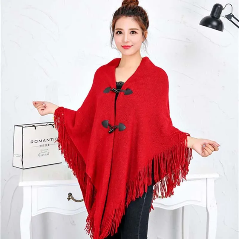 Foulards femmes tricoté Poncho pull acrylique automne/hiver pull décontracté sans manches solide Cape femme corne bouton dame vêtements