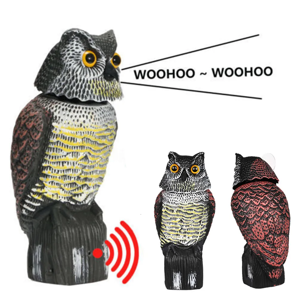 Decorative Objects Figurines Realistic Owl Scarer Garden Bird Repelling Mouse Wind Blowing 360 Degree Rotation Sounding Scarecrow Outdoor Pest Control 230506