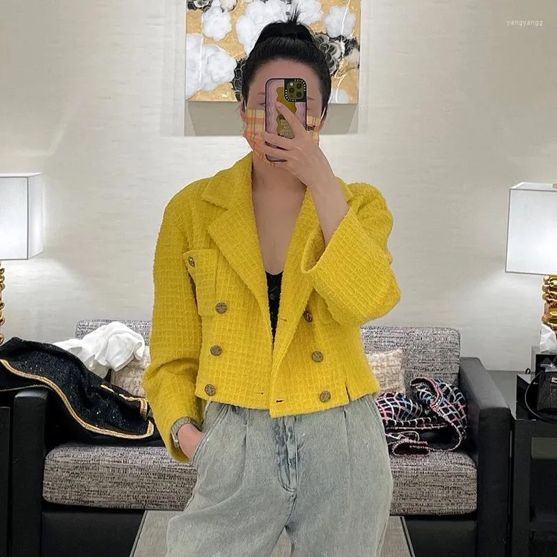 2023 Women s Luxury Yellow Tweed Jacket Long Sleeve Double Breasted Suit Collar Coat
