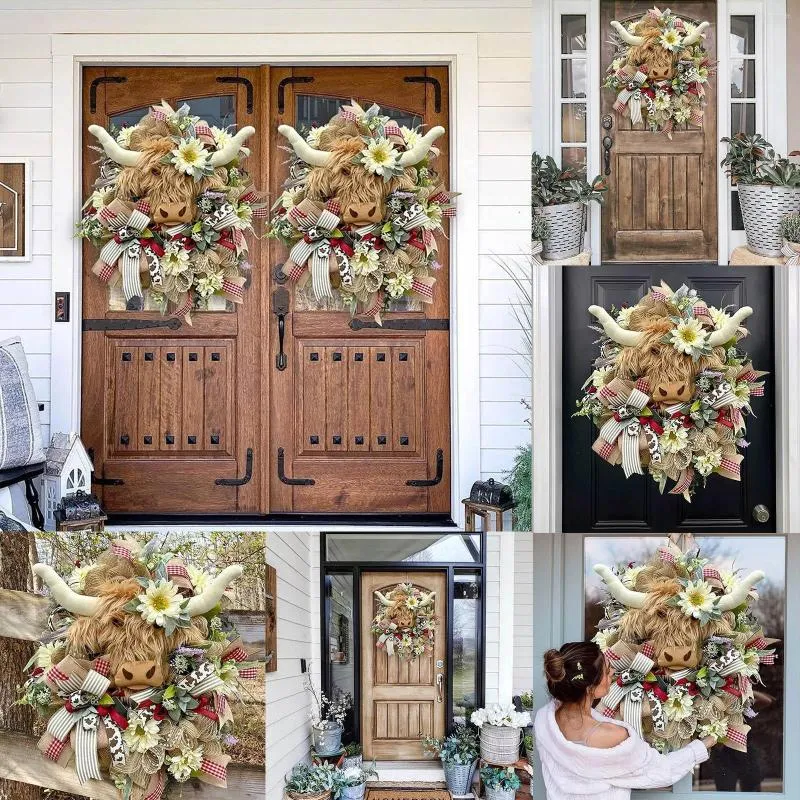 Flores decorativas Greante de vaca Porta da frente da parede pendurada em casa feita de fazenda caseira iluminação