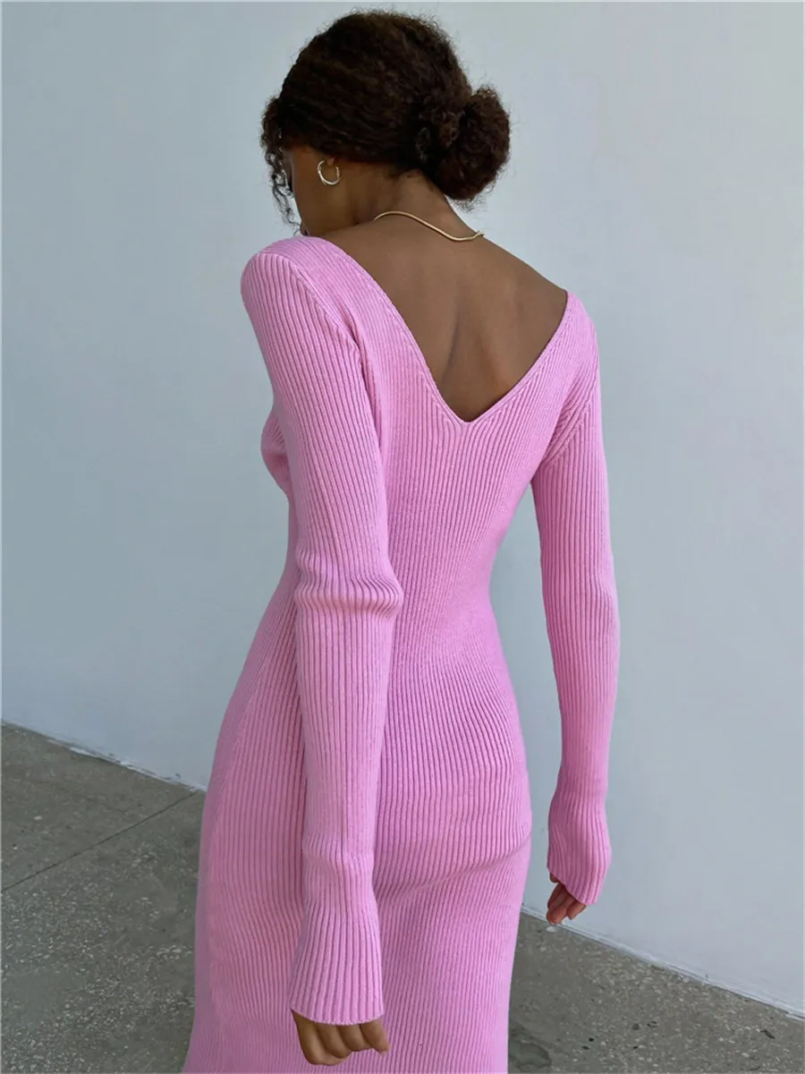 Womens Long Sleeve V-Neck Knit Rib Wrap Midi Pencil Dress Ankle
