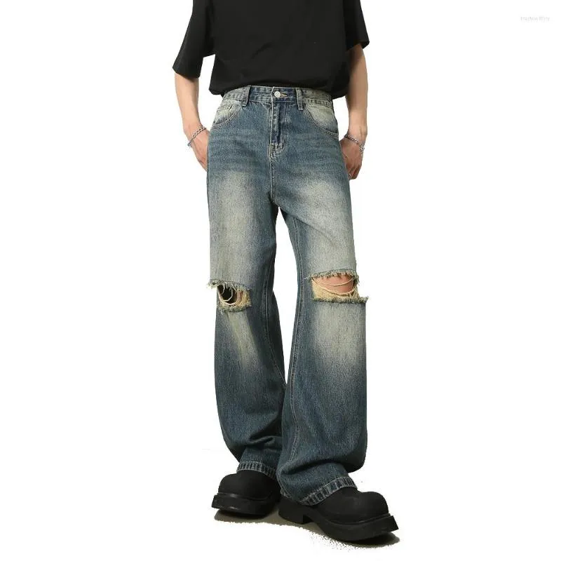 Hommes Jeans Hommes Genou Déchiré Trou Lâche Casual Jambe Large Vintage Lavé Denim Pantalon Mâle Coréen Streetwear Hip Hop Baggy Pantalon