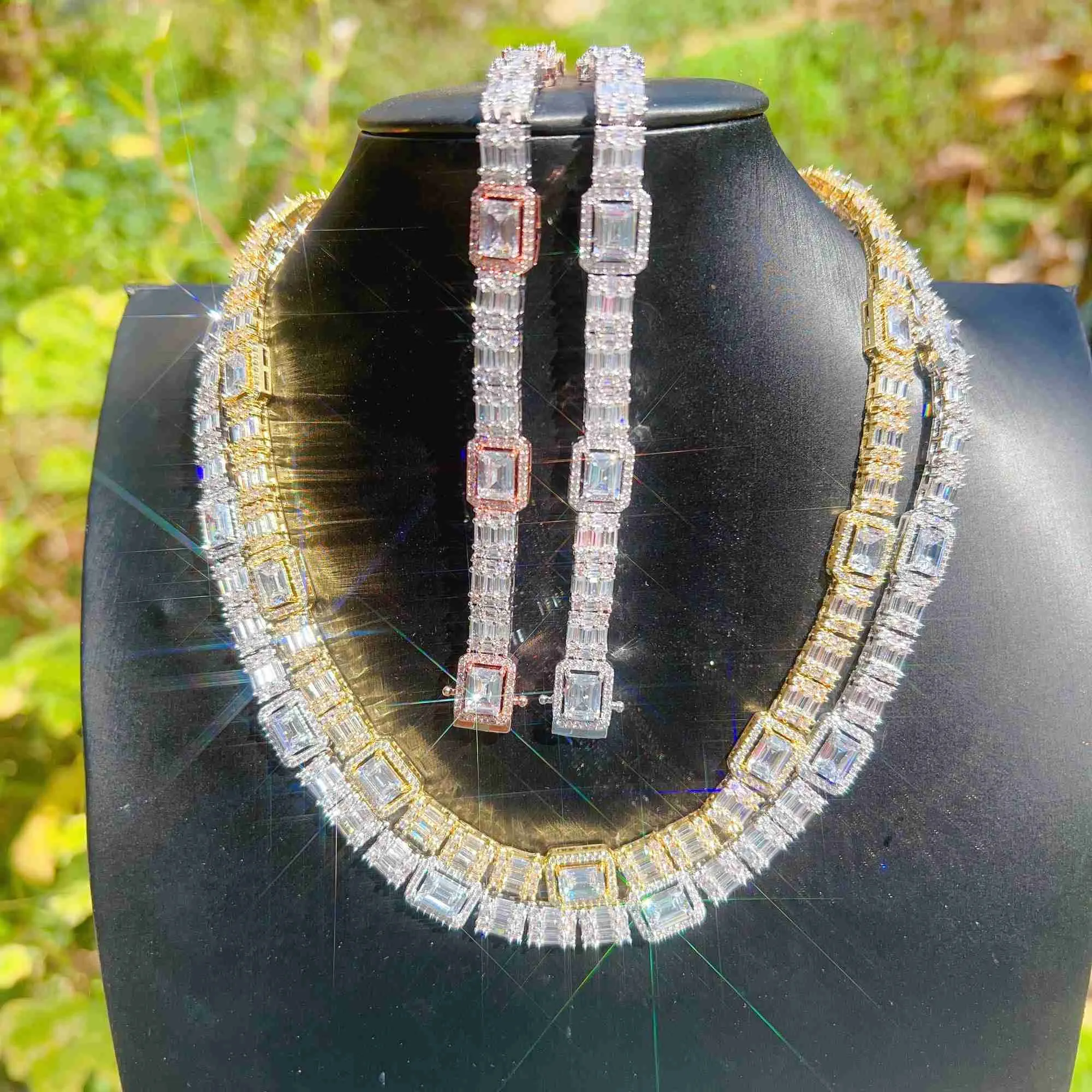 Collana a catena in argento di nuovo design Catena a maglie cubane in oro sterling 925 Vvs Moissanite Baguette